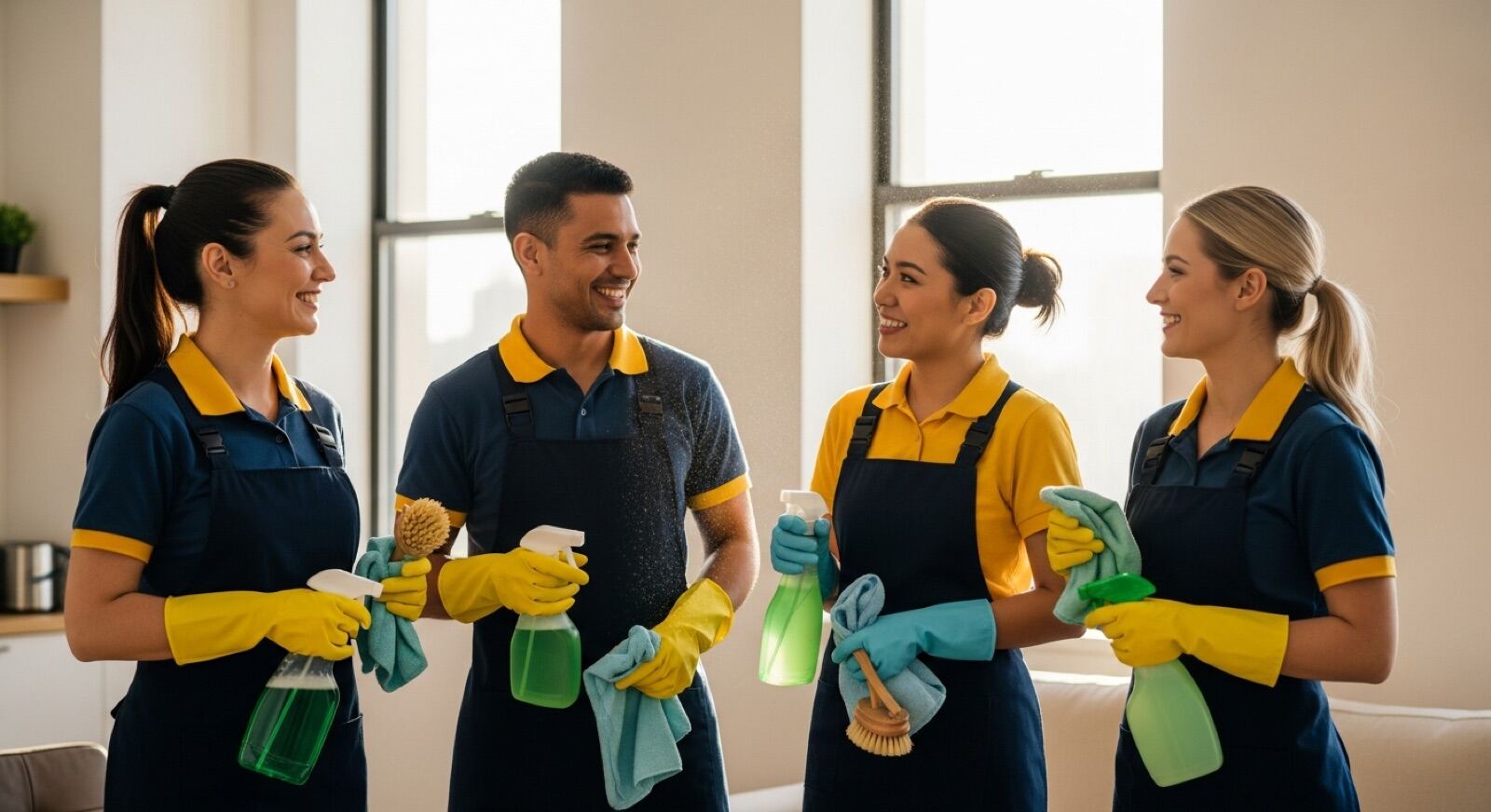 Express Ultra Cleaning team of professional cleaners in matching uniforms gathered in a sunlit Brooklyn apartment, smiling and ready for the workday