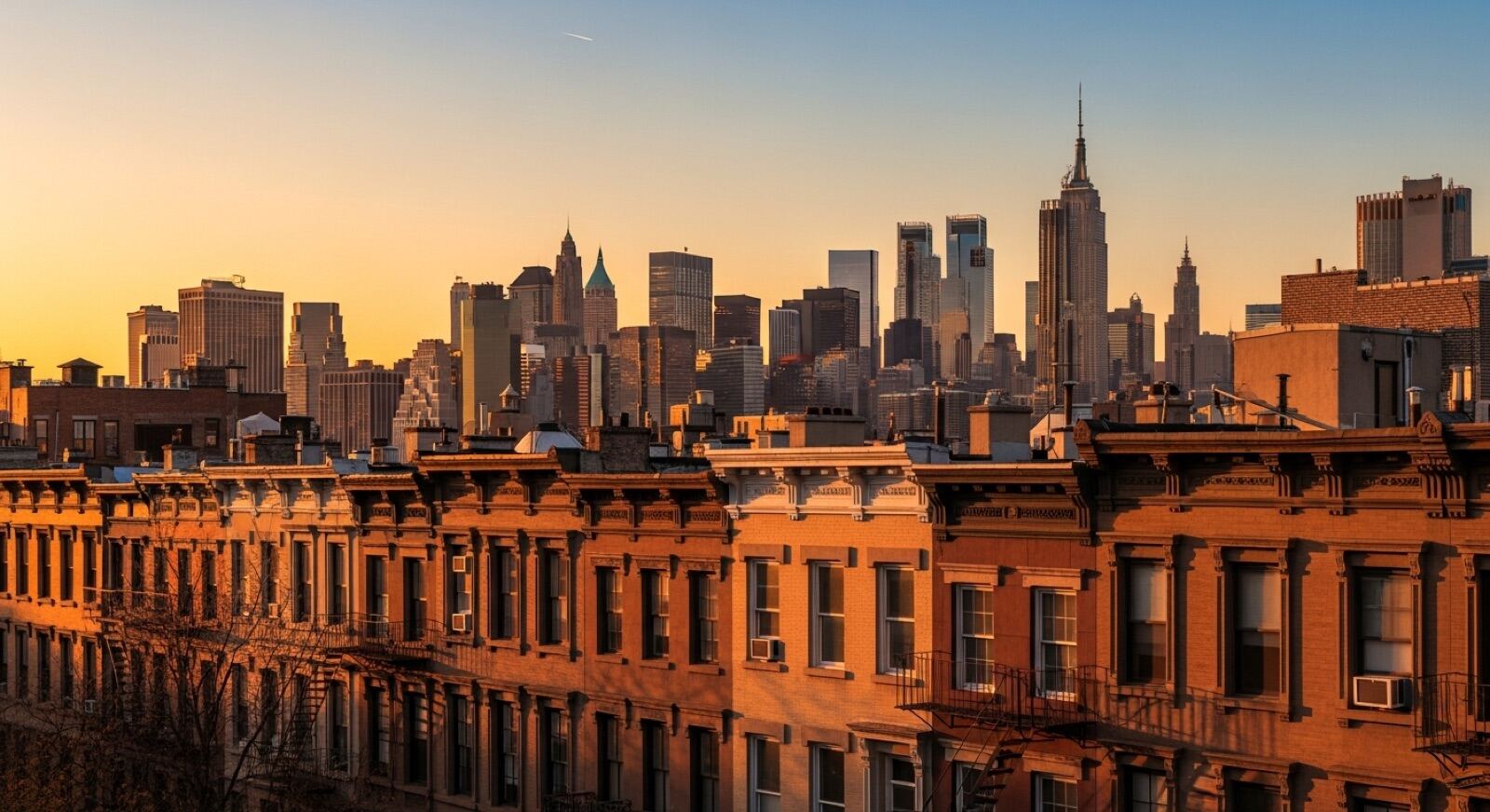 Brooklyn brownstones in front of the Manhattan skyline at golden hour
