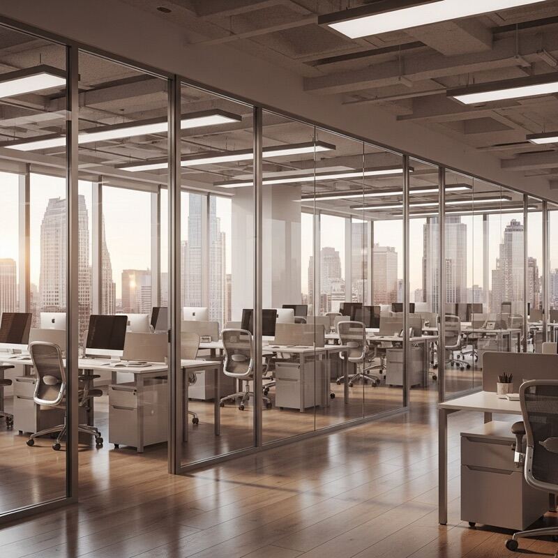 Immaculate Midtown Manhattan corporate office with city skyline view at golden hour