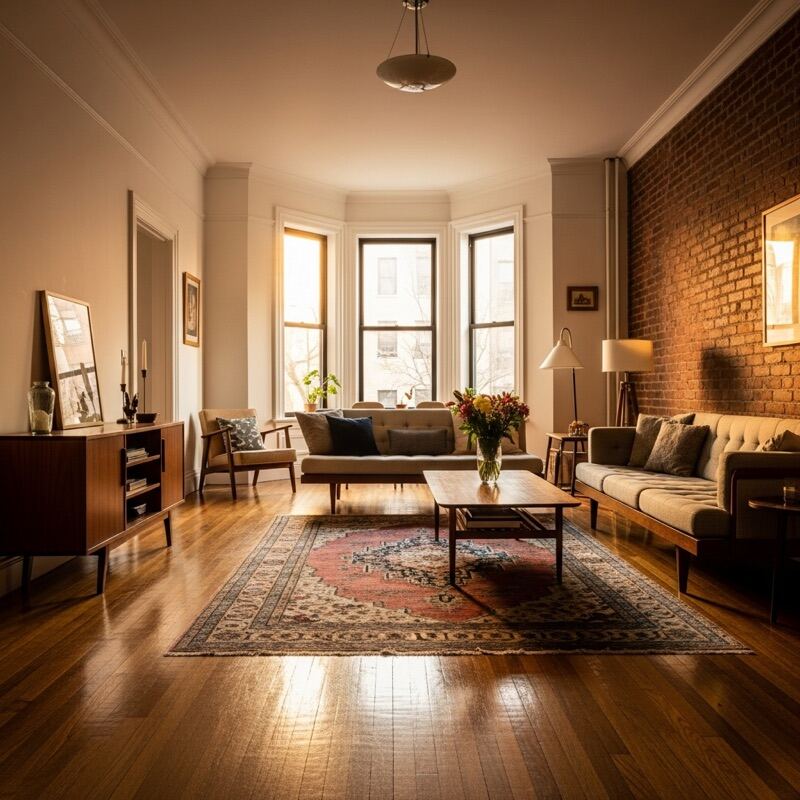 Beautifully cleaned Park Slope brownstone living room with original hardwood floors and bay windows