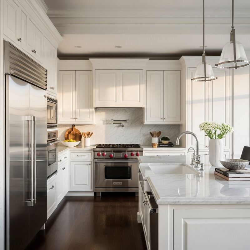 Pristine Upper East Side Manhattan kitchen with sparkling marble countertops and stainless steel appliances