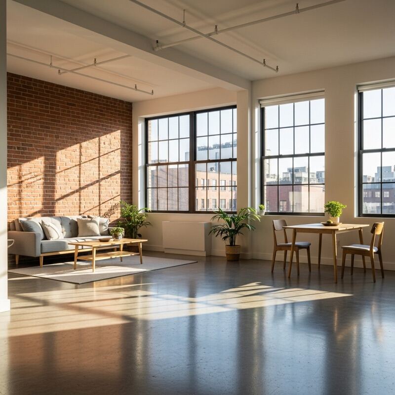 Freshly cleaned Williamsburg loft with exposed brick walls and polished concrete floors